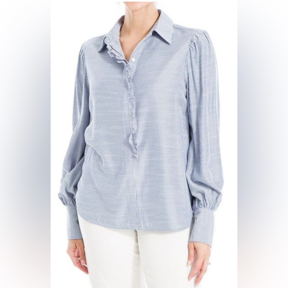 MAX STUDIO blue/white striped blouse with ruffle detail size large